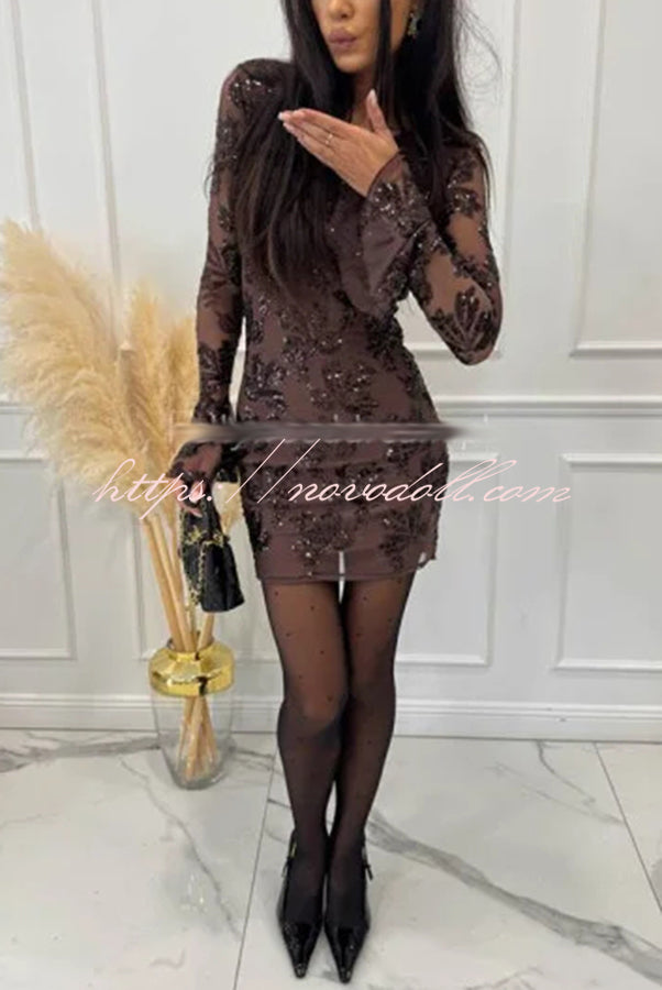 Deep and Dazzling Floral Texture Sequin Long Bell Sleeve Open Back Mini Dress