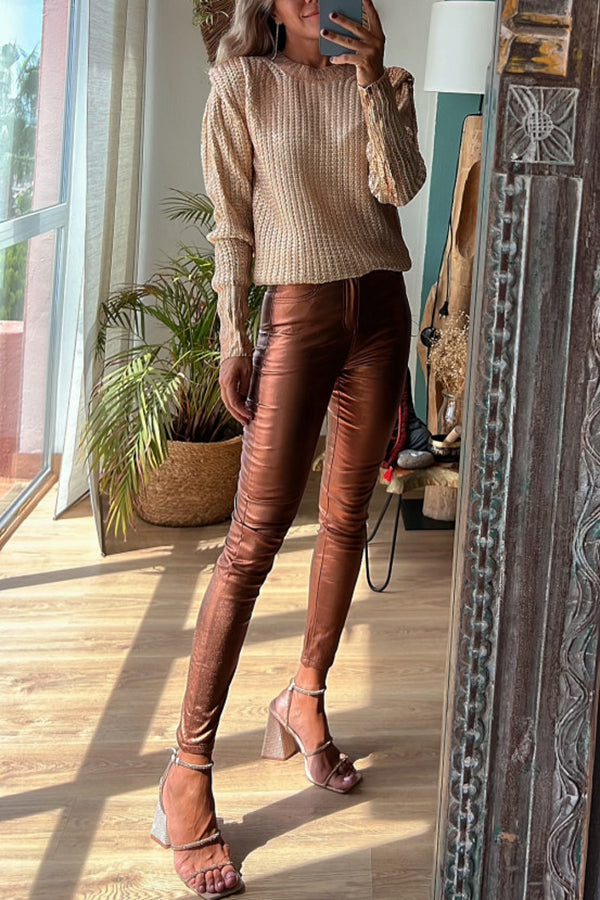 Sweet and Glitzy Metallic Color Pocket Faux Leather Stretch Pants