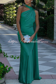 Crush on You Satin One Shoulder Backless Cape Maxi Dress