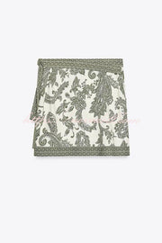 Blend Into Leaves Linen Blend Unique Print Long Sleeve Blouse and Wrap Tie-up Mini Skirt Set