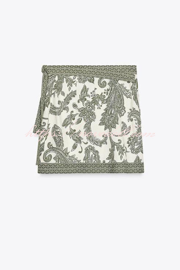Blend Into Leaves Linen Blend Unique Print Long Sleeve Blouse and Wrap Tie-up Mini Skirt Set