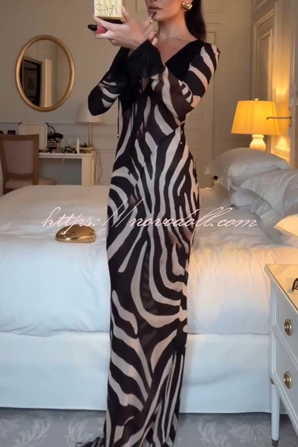 City Night Chiffon Colorblock Animal Print Tie-up Long Sleeve Maxi Dress