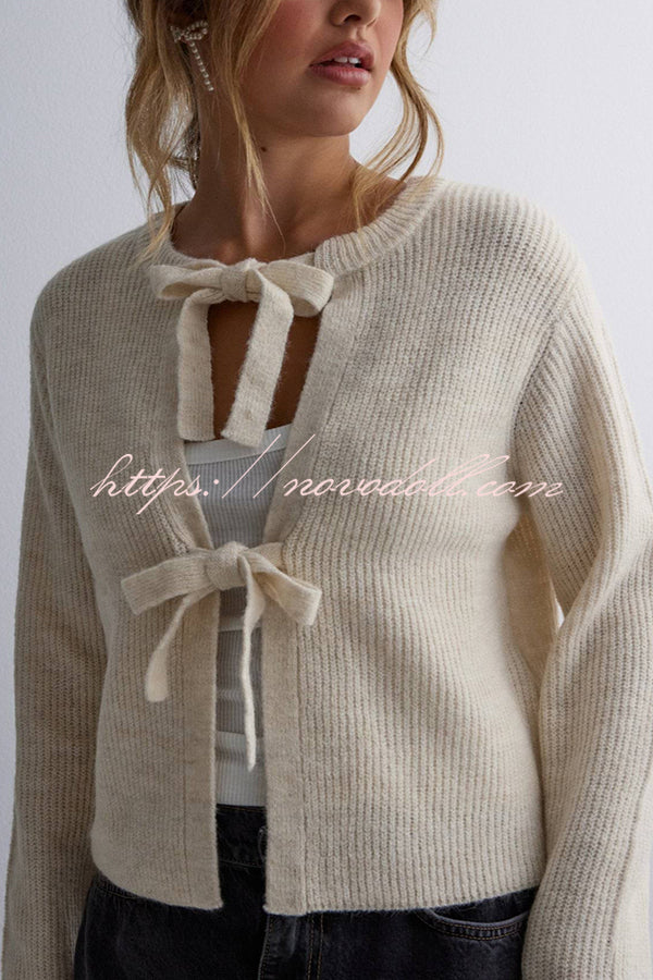 Solid Color Loose Long Sleeve Lace-up Knitted Cardigan