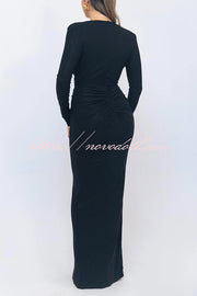 Solid Color Shiny Sexy V-neck Long Sleeve Ribbon Slit Slim Fit Maxi Dress