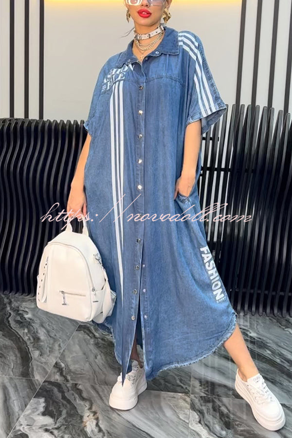 Fashion Letter Print Lapel Cardigan Loose Maxi Dress