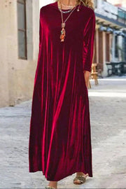 Solid Color Velvet Loose Round Neck Long Sleeve Midi Dress