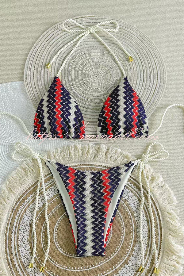 Knit Wave Unique Print Stretch Tie Bikini Swimsuit