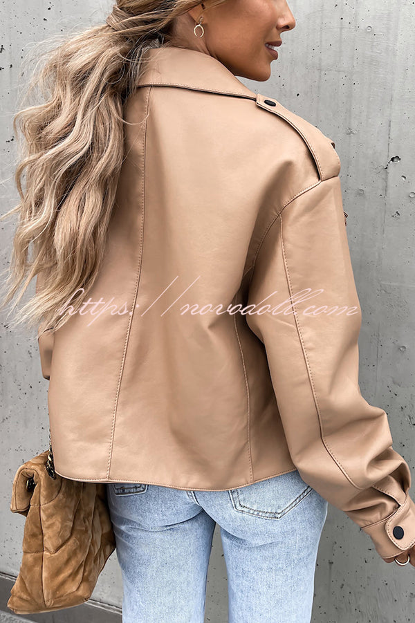 Stylish Leather Lapel Pocket British Style Cropped Jacket