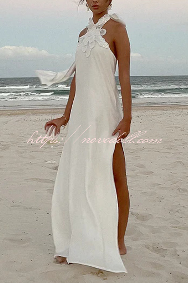 Floral Embellished Satin Halterneck Backless Resort Maxi Dress
