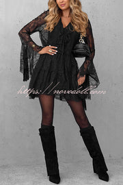 Feeling Lighthearted Lace Ruffle Neck Bell Sleeve Layered Hem A-line Mini Dress