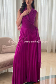Solid Color Lapel Sleeveless Waist Tie Pleated Wide-leg Jumpsuit