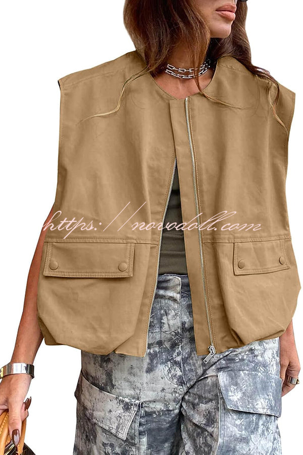 Fashion Zipper Sleeveless Pocket Loose Vest Jacket