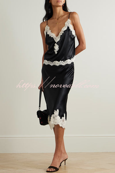 Celebration Look Contrast Color Satin Lace Trim V-Neck Slip Tank