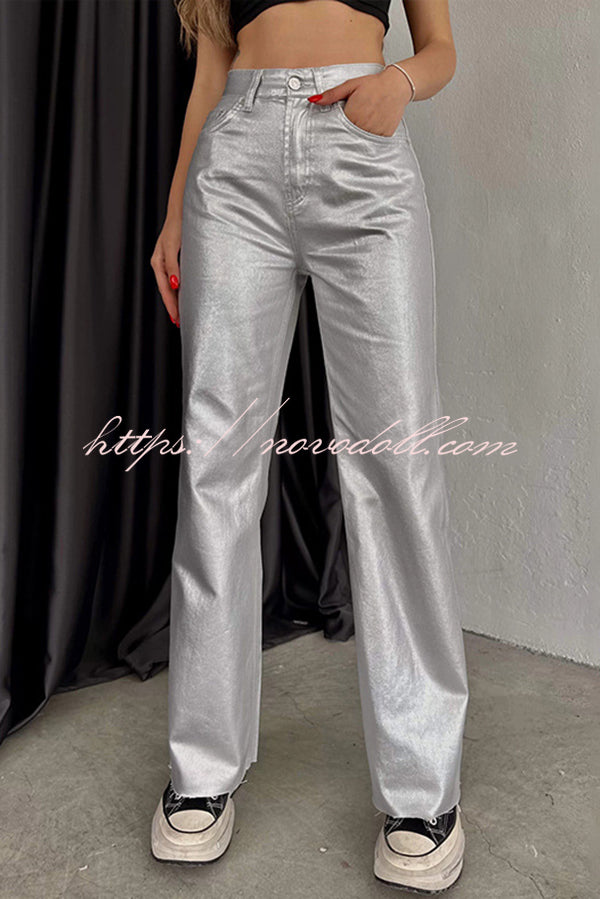 Stylish Metallic Fabric Pocket Casual Straight Wide-Leg Pants
