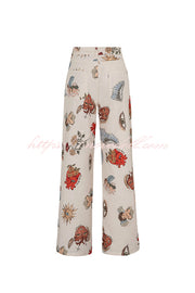 Angel Wings Denim Unique Print Mid Rise Pocket Loose Pants