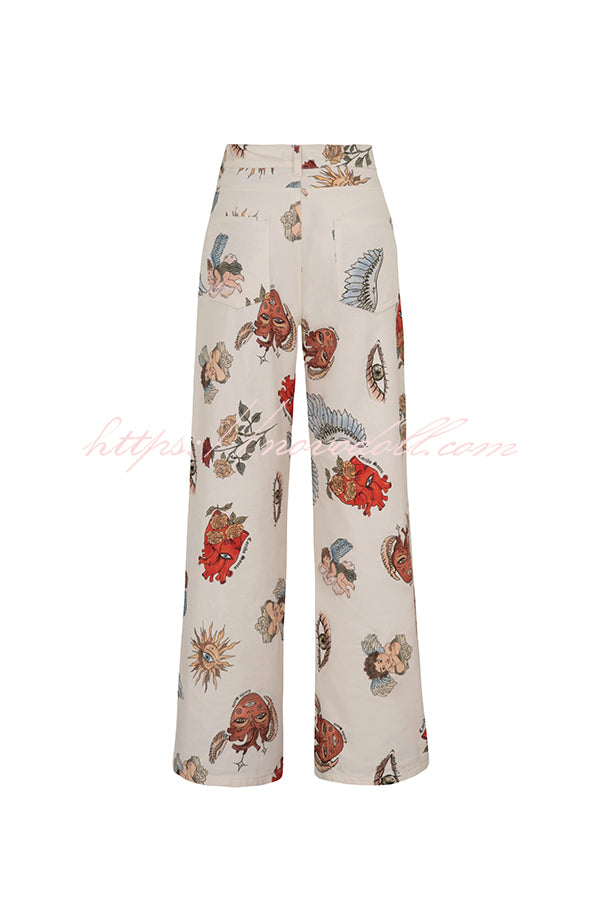 Angel Wings Denim Unique Print Mid Rise Pocket Loose Pants