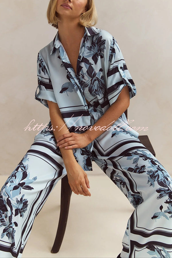 Fashionable Plant Print Loose Lapel Short Sleeve Shirt and Casual Elastic Waist Pocket Pants Set