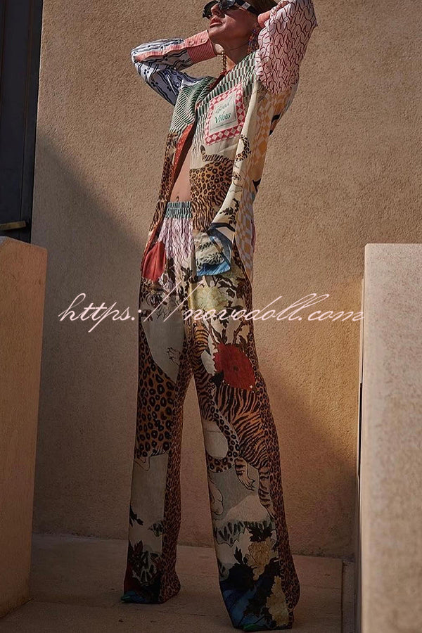 Tropical Jungle Tiger Unique Print Long Sleeve Loose Shirt and Elastic Waist Pants Set