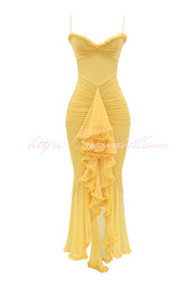 Retro Romantic Style Mesh Ruffle Trim Ruched Slit High Low Maxi Dress