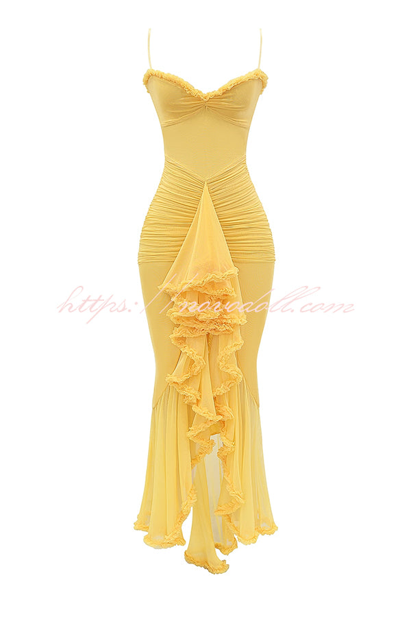 Retro Romantic Style Mesh Ruffle Trim Ruched Slit High Low Maxi Dress