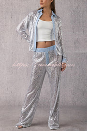 Fashion Sequined Loose Long-sleeved Shirt and Casual Elastic Waist Wide-leg Pants Set