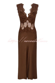 Wonderful Fusion Satin Lace Trim Poka Dot V-neck Drape Maxi Dress