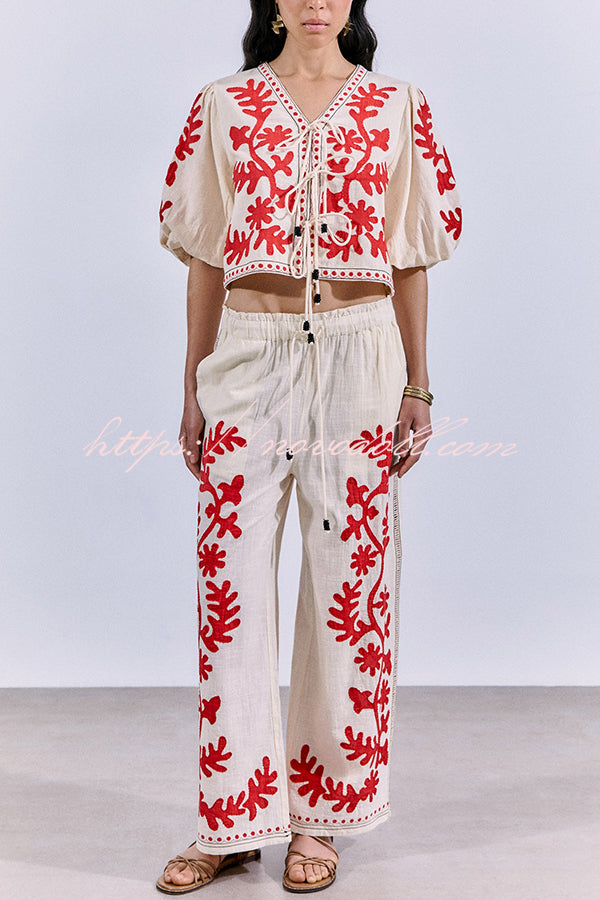 Till Sunset Linen Blend Unique Print Lace-up Puff Sleeve Shirt