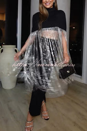 New Level Shiny Tassel Stand Neck Crop Cape Blouse