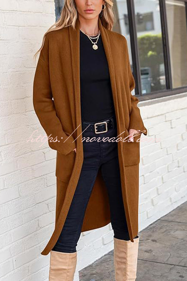 Solid Color Long-sleeved Casual Loose Pocket Mid-length Cardigan