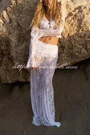 Sexy Lace Long-sleeve Lace-up Top and Pleated Sheer Maxi Skirt Set