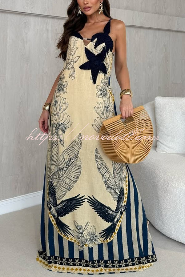 Esra Crochet Floral Linen Blend Unique Print Back Tassle Slit Maxi Dress