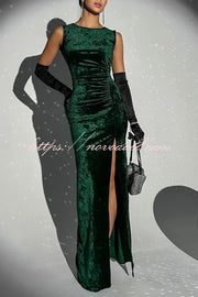 Solid Color Velvet Round Neck Sleeveless Slim Slit Maxi Dress