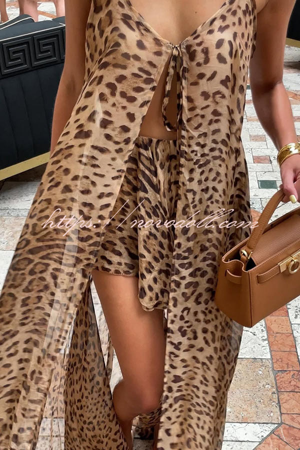 Immerse Vacation Leopard Tie-up Slit Midi Top and Elastic Waist Shorts Set