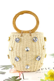 Fashionable Imitation Rhinestone Embellished Casual Barrel Rattan Bag