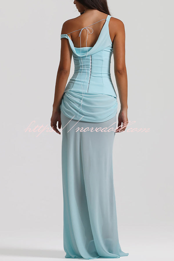 Sculptural Elegance One Shoulder Removable Corset Drape Maxi Dress