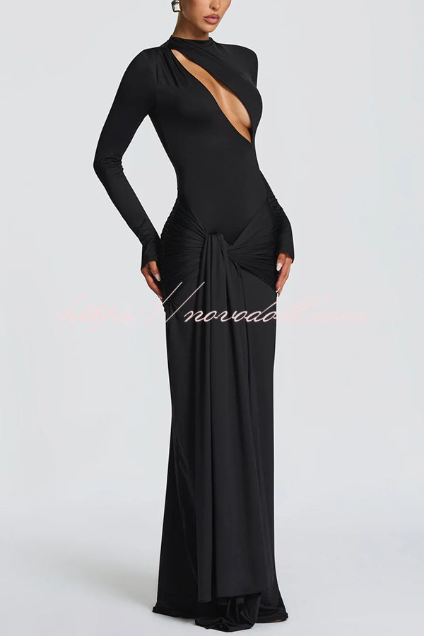 Sexy Cutout Fitted Long-sleeved Pleated Satin Ribbon Maxi Dresses