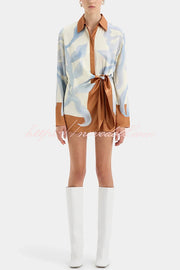 Lake Days Satin Colorblock Unique Print Tie-up Shirt Mini Dress