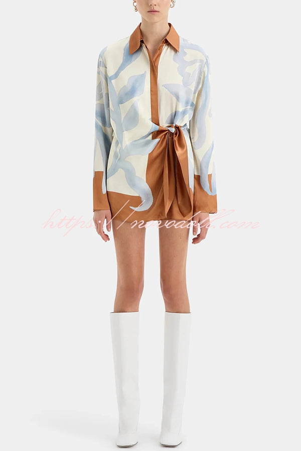 Lake Days Satin Colorblock Unique Print Tie-up Shirt Mini Dress