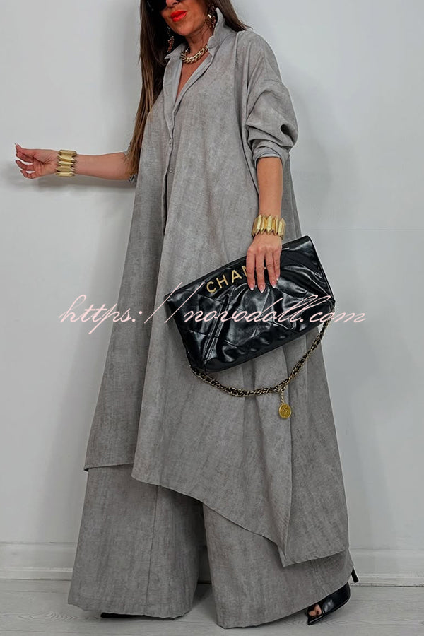 Solid Color Casual Loose Long Shirt and Elastic Waist Pocket Wide Leg Pants Set