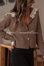 Fashionable Lace-trimmed Sailor Collar Casual Knit Cardigan