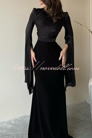 Liora Ruched Organza and Satin Patchwork Design Long Bell Slit Sleeve Maxi Dress