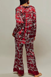 Unique Printed Lounge Long-sleeved Shirt and Elastic Waisted Baggy Pants Set