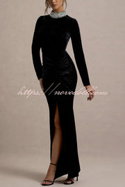 Love Lost Velvet Embellished High Neck Long Sleeve Twist Slit Maxi Dress