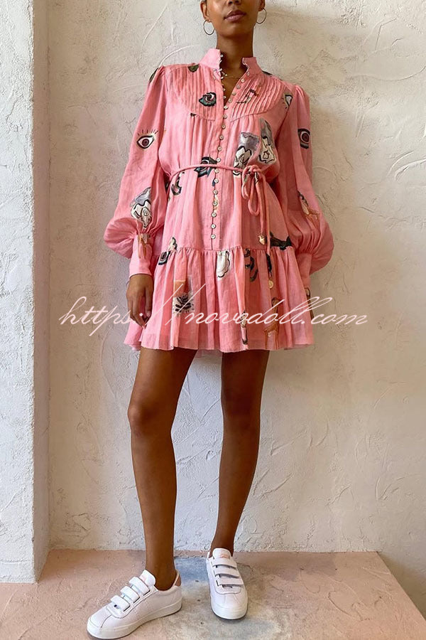 Unique Print Single Breasted Balloon Sleeve Tie Waist Ruffled Mini Dress