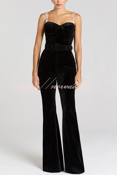 Eliza Luxurious Velvet Fabric Jewel-embellished Shoulder Straps Belted Flare Jumpsuit