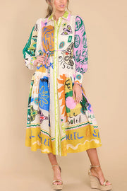 Boldness and Art Linen Blend Unique Print Balloon Sleeve Patchwork Shirt Midi Dress