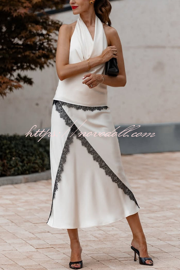 Iriena Satin Lace Trim Cowl Halter Neck Tank and Mid Rise Midi Skirt Set