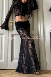 Sexy Lace Long-sleeve Lace-up Top and Pleated Sheer Maxi Skirt Set