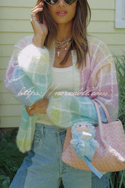 Palette Day Knit Color Blocks Open Front Balloon Sleeve Loose Cardigan