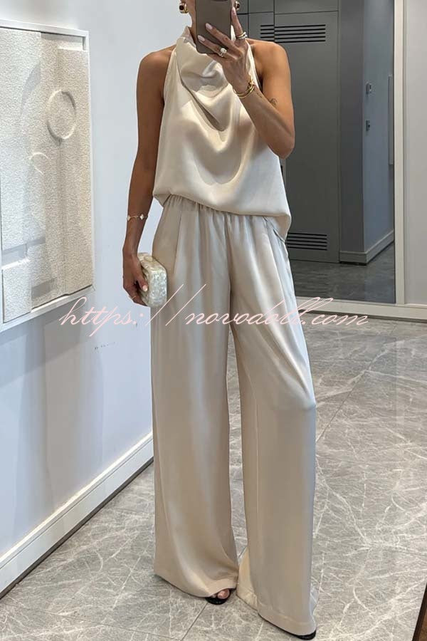 Classic on You Satin High Cowl Neck Top and Elastic Waist Pocket Loose Pants Set